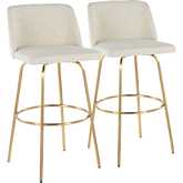 Toriano 30" Swivel Bar Stool in Cream Fabric & Gold with Round Footrest (Set of 2)